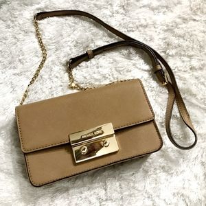 Michael Kors Saffiano Leather Convertible Crossbody Clutch Beige Nude Bag Purse